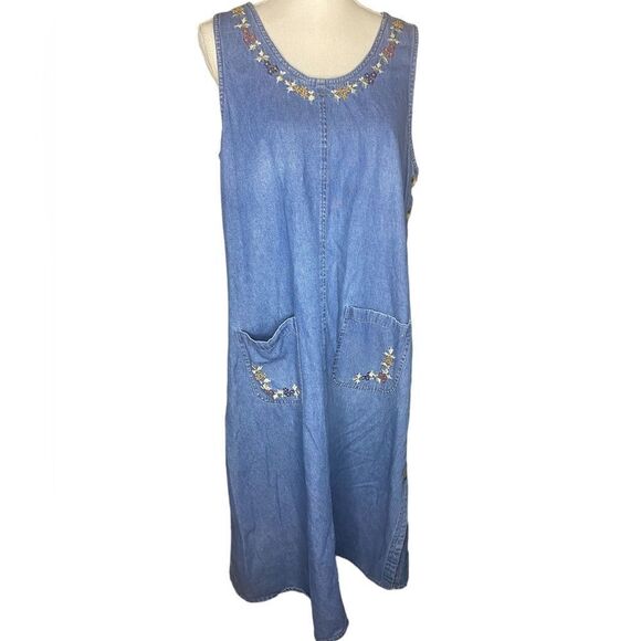 Willow Ridge Sz LP Blue Button Side Sleeveless Embroidered Denim Jumper Dress - Picture 1 of 6